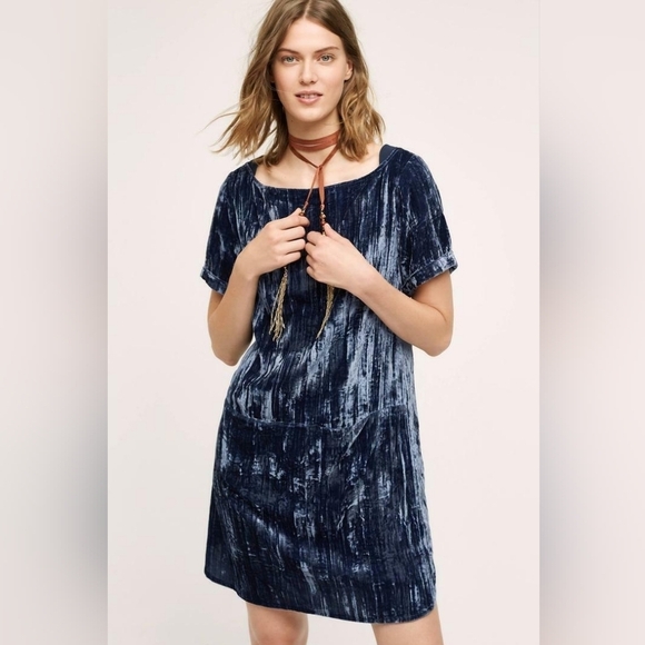 Sz  S Anthropologie Floreat crinkled blue velvet mini shift dress with pockets - Picture 1 of 6